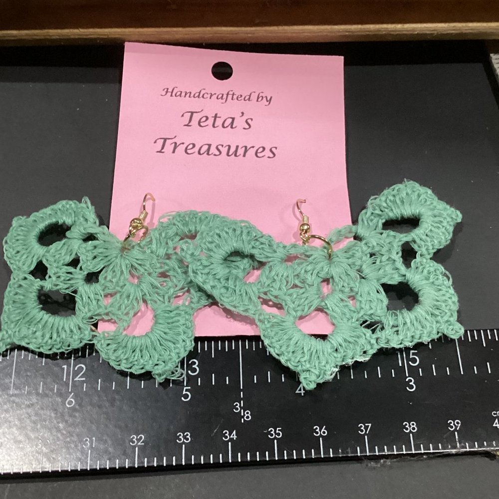 Earrings Mint Green Butterfly Crocheted Crochet Hand Crafted